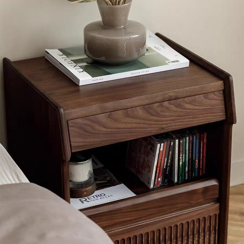 Contemporary Scandinavian Black Walnut Rectangular Textured Nightstand With 2 Tiers For Bedroom