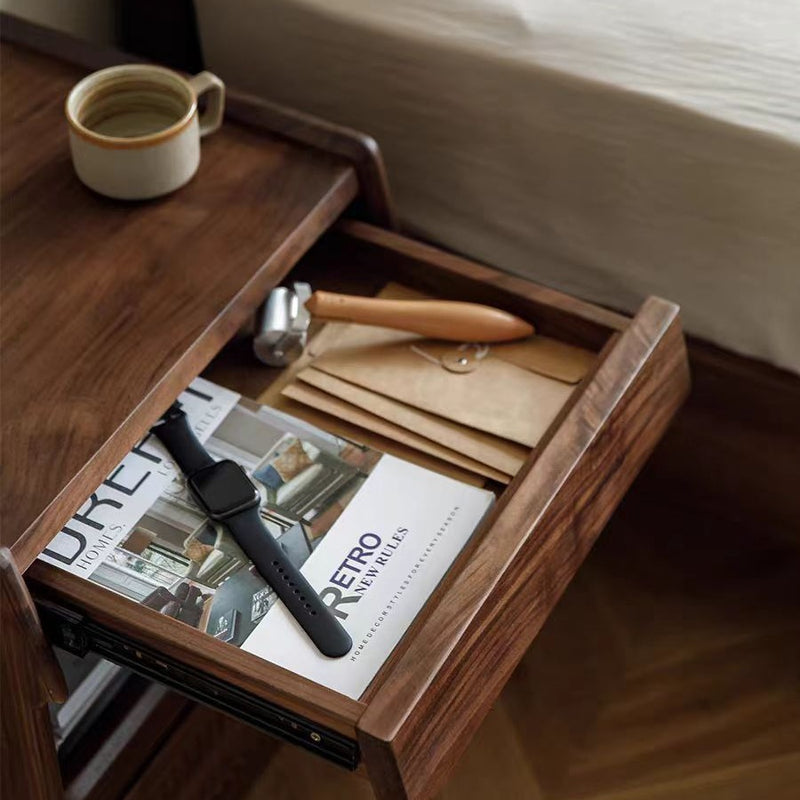 Contemporary Scandinavian Black Walnut Rectangular Textured Nightstand With 2 Tiers For Bedroom