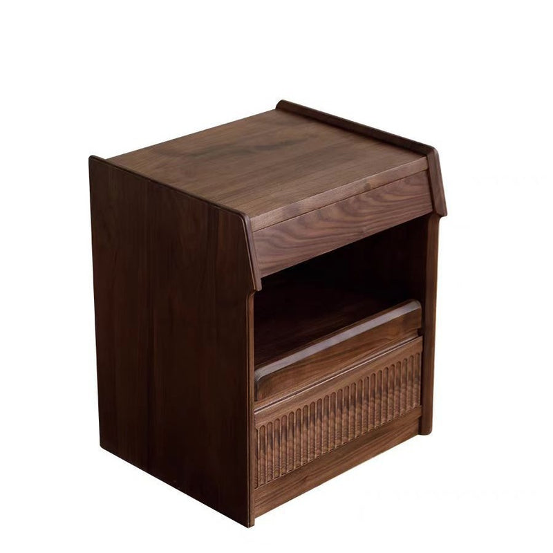 Contemporary Scandinavian Black Walnut Rectangular Textured Nightstand With 2 Tiers For Bedroom
