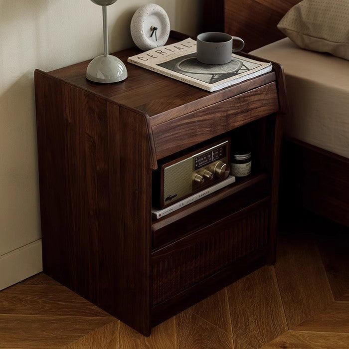 Contemporary Scandinavian Black Walnut Rectangular Textured Nightstand With 2 Tiers For Bedroom