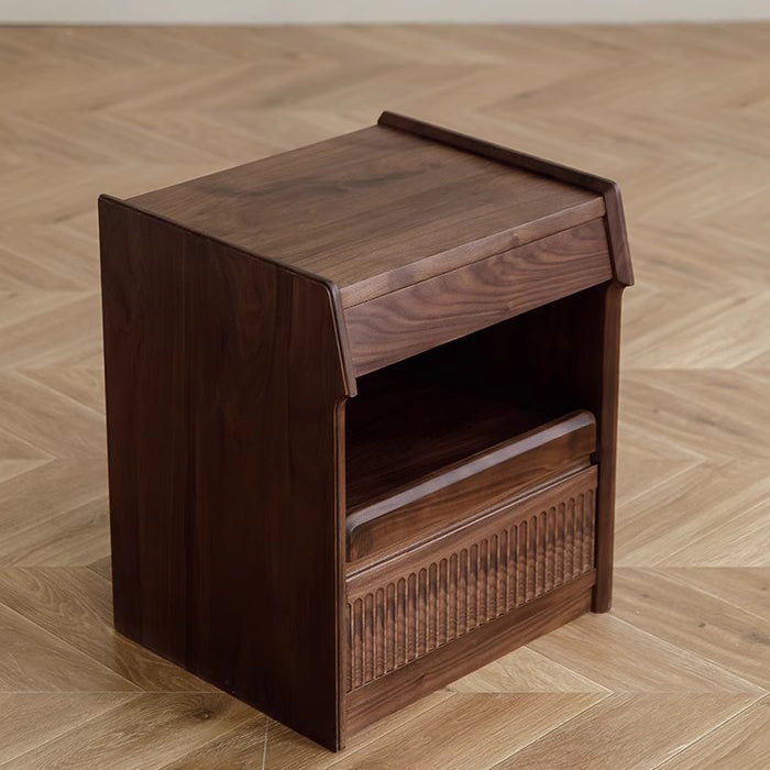 Contemporary Scandinavian Black Walnut Rectangular Textured Nightstand With 2 Tiers For Bedroom