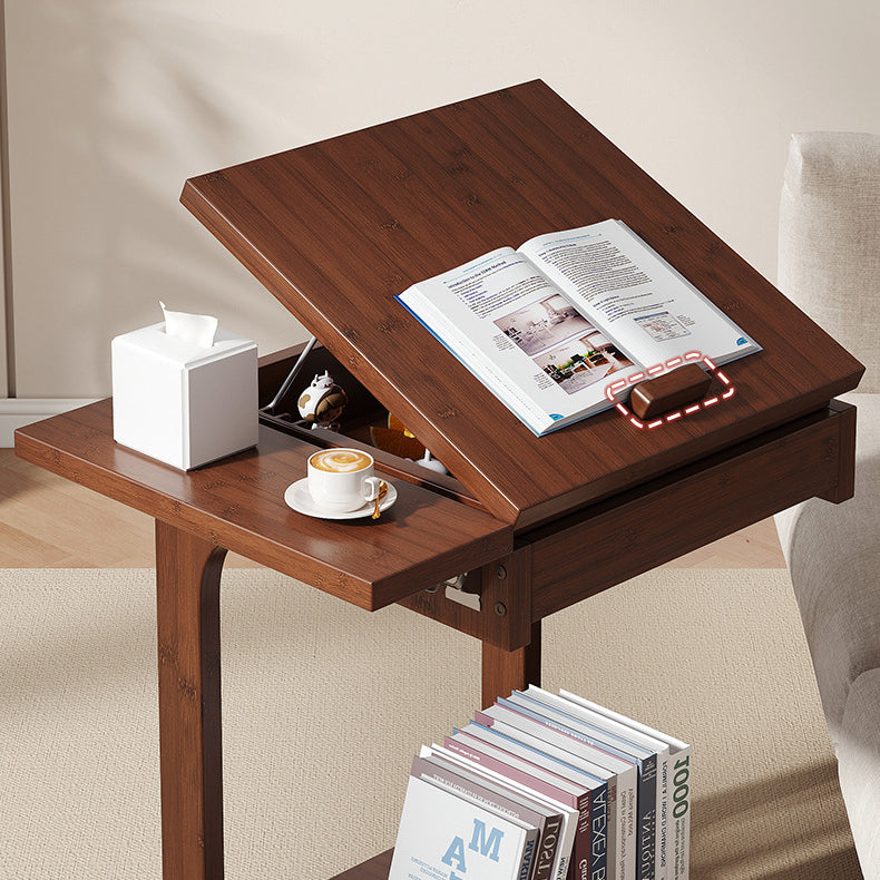 Traditional Vintage Bamboo C-Shaped Square Side Table With 2 Tiers For Bedroom &amp; Living Room