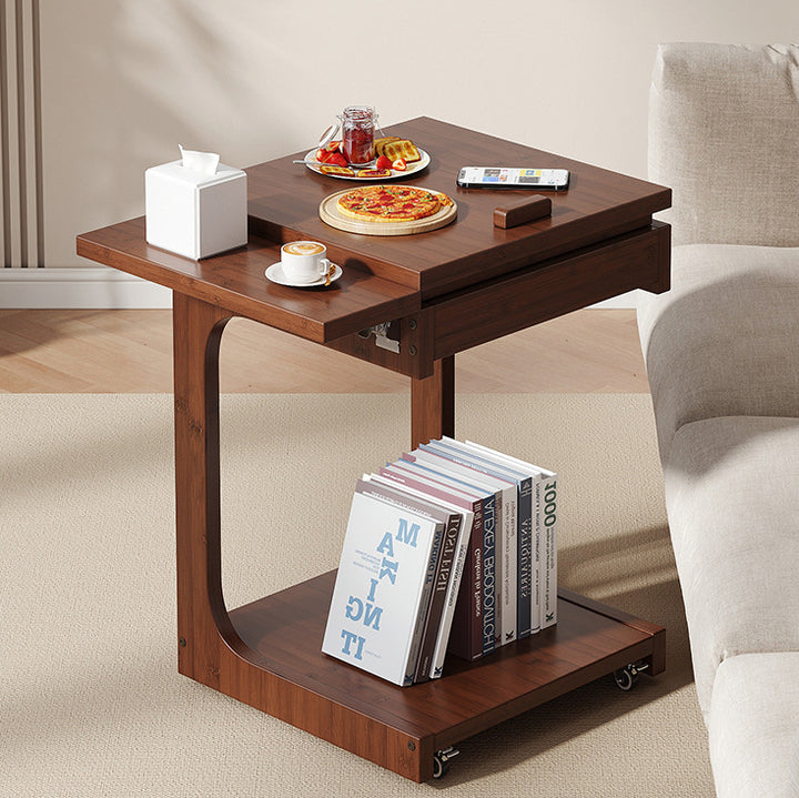 Traditional Vintage Bamboo C-Shaped Square Side Table With 2 Tiers For Bedroom &amp; Living Room