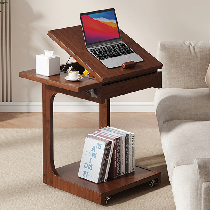 Traditional Vintage Bamboo C-Shaped Square Side Table With 2 Tiers For Bedroom &amp; Living Room