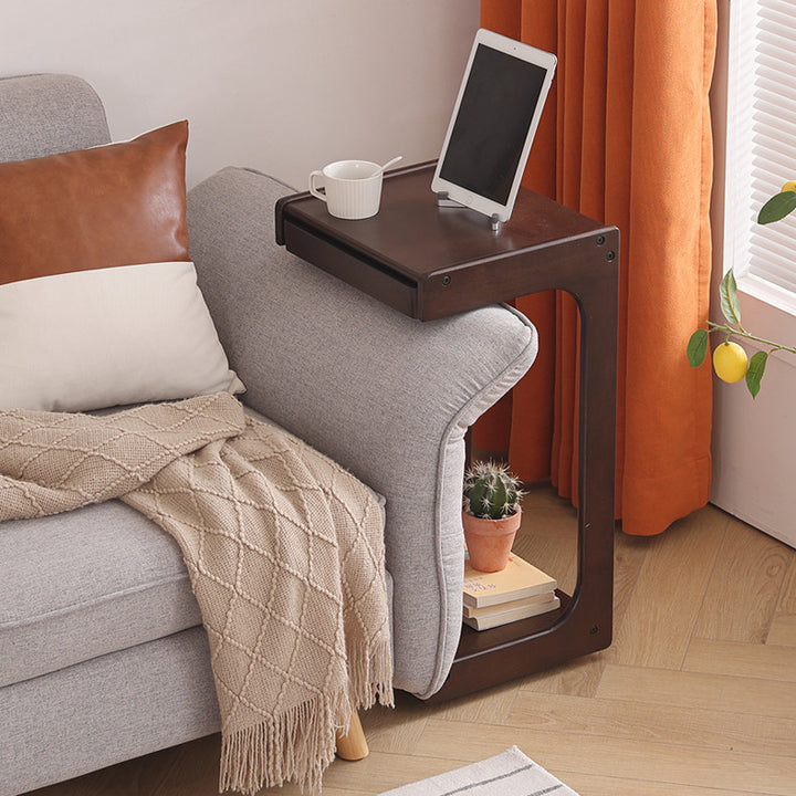 Contemporary Creative Solid Wood Rounded Square C-Shaped Side Table With 2 Tiers For Bedroom &amp; Living Room