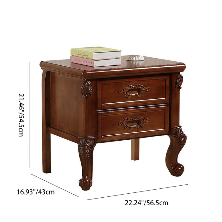 Table de nuit carrée incurvée en bois de caoutchouc vintage traditionnel et métal sculpté avec 2 tiroirs pour chambre 