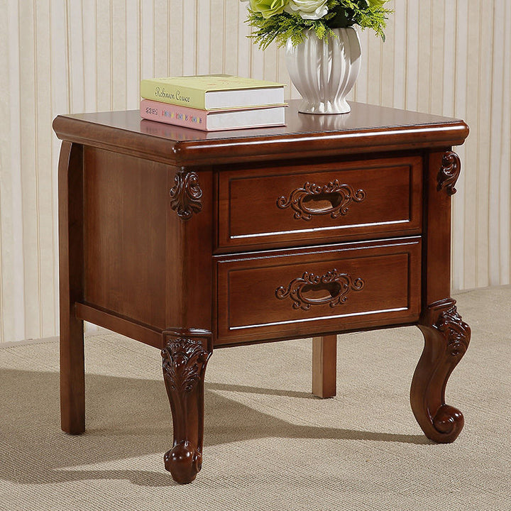 Table de nuit carrée incurvée en bois de caoutchouc vintage traditionnel et métal sculpté avec 2 tiroirs pour chambre 