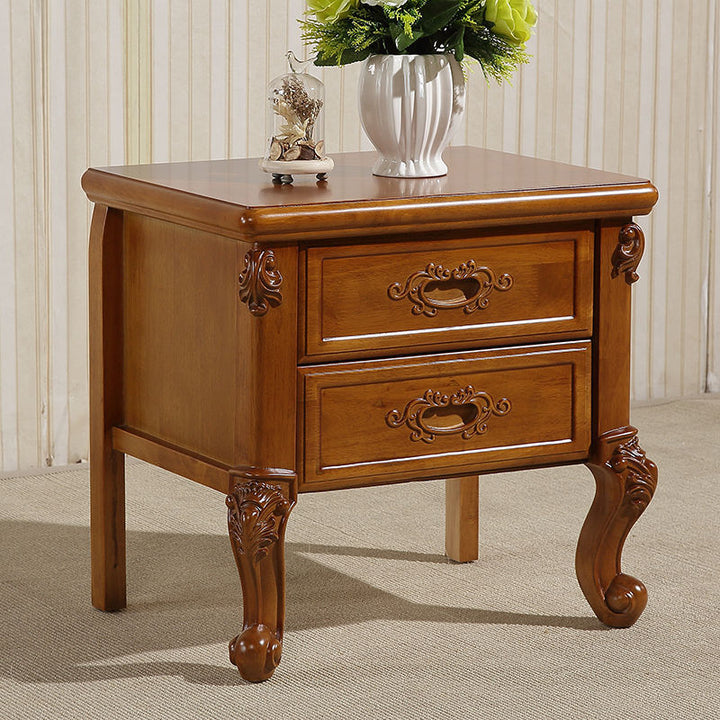 Table de nuit carrée incurvée en bois de caoutchouc vintage traditionnel et métal sculpté avec 2 tiroirs pour chambre 