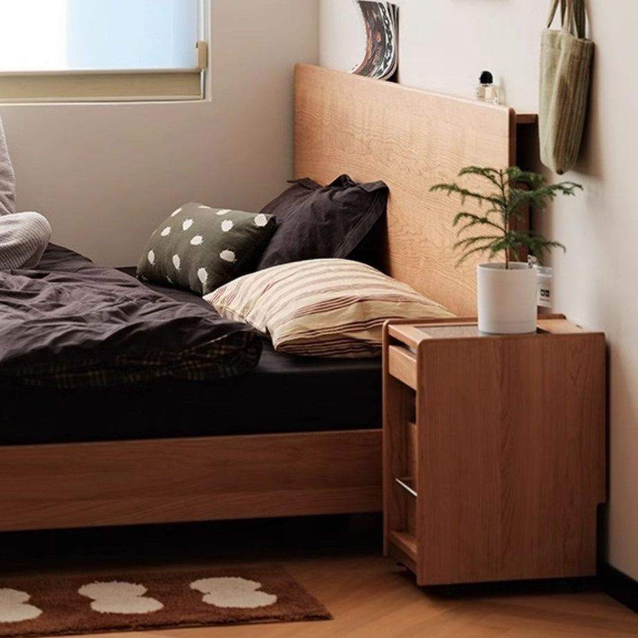 Table de nuit rectangulaire mobile en bois de cerisier japonais traditionnel et en acier inoxydable à 3 niveaux pour chambre 
