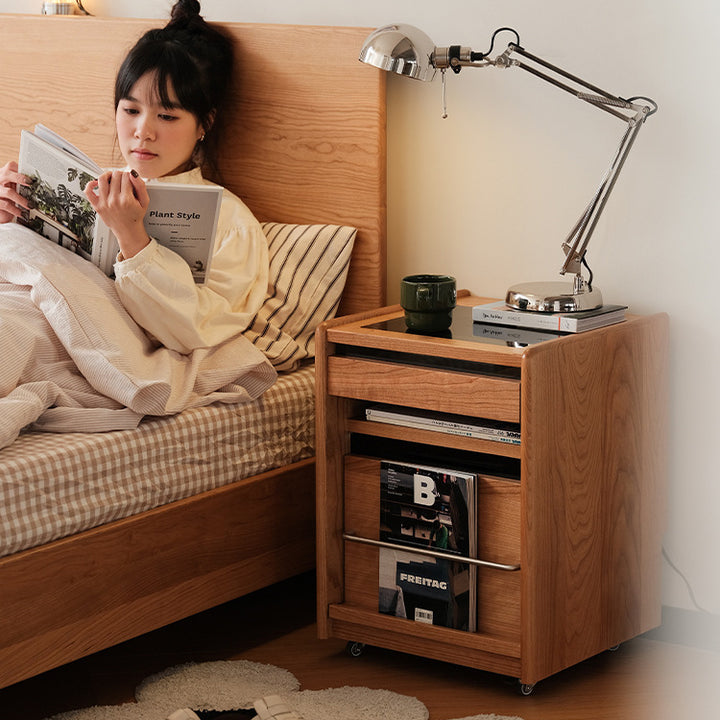 Table de nuit rectangulaire mobile en bois de cerisier japonais traditionnel et en acier inoxydable à 3 niveaux pour chambre 