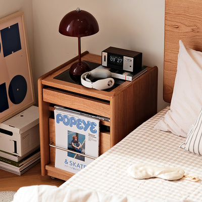 Traditional Japanese Cherry Wood & Stainless Steel Mobile Rectangular Nightstand 3-Tier For Bedroom