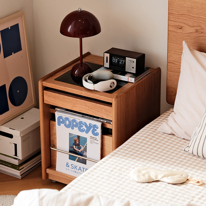 Traditional Japanese Cherry Wood & Stainless Steel Mobile Rectangular Nightstand 3-Tier For Bedroom