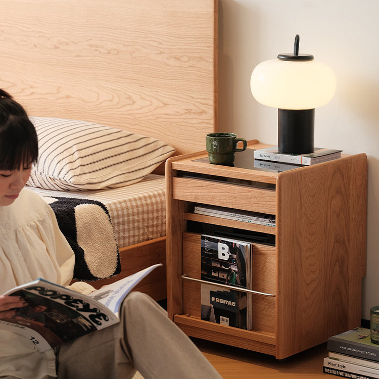 Traditional Japanese Cherry Wood & Stainless Steel Mobile Rectangular Nightstand 3-Tier For Bedroom