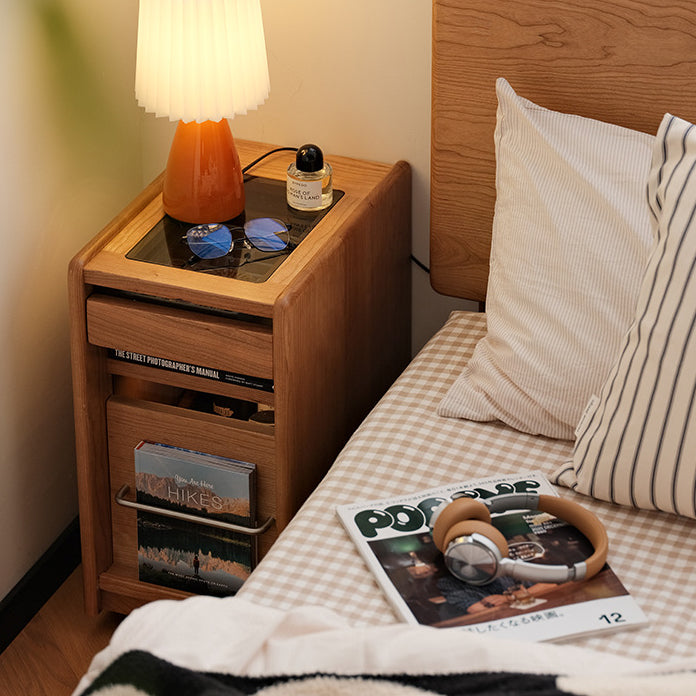 Table de nuit rectangulaire mobile en bois de cerisier japonais traditionnel et en acier inoxydable à 3 niveaux pour chambre 