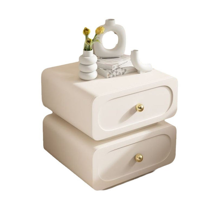 Mesita de noche cuadrada redondeada moderna minimalista de madera maciza y metal con 2 cajones y acentos de bola para dormitorio 