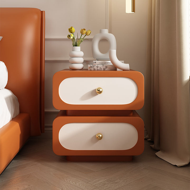 Modern Minimalist Solid Wood & Metal Rounded Square Nightstand 2-Drawer With Ball Accents For Bedroom