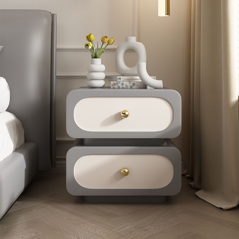 Modern Minimalist Solid Wood & Metal Rounded Square Nightstand 2-Drawer With Ball Accents For Bedroom