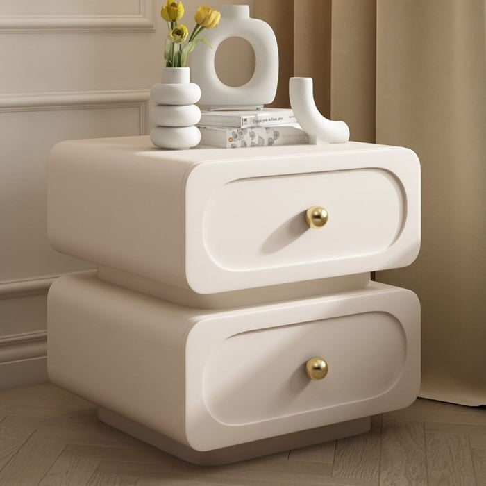 Mesita de noche cuadrada redondeada moderna minimalista de madera maciza y metal con 2 cajones y acentos de bola para dormitorio 