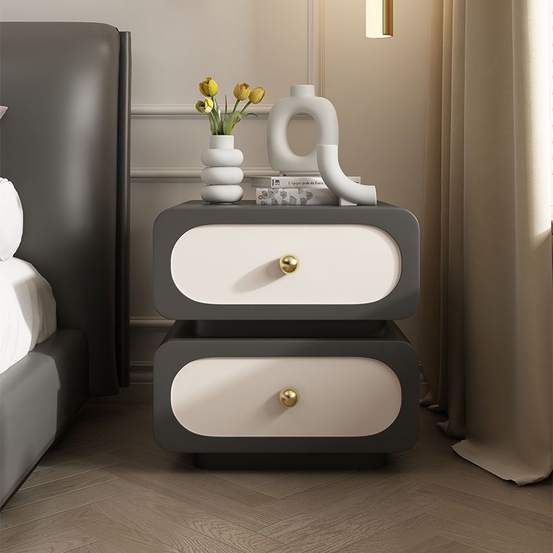 Modern Minimalist Solid Wood & Metal Rounded Square Nightstand 2-Drawer With Ball Accents For Bedroom