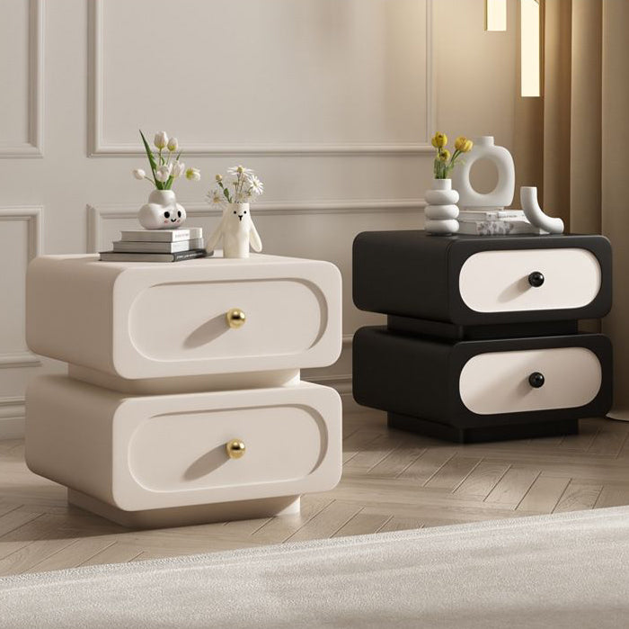 Mesita de noche cuadrada redondeada moderna minimalista de madera maciza y metal con 2 cajones y acentos de bola para dormitorio 