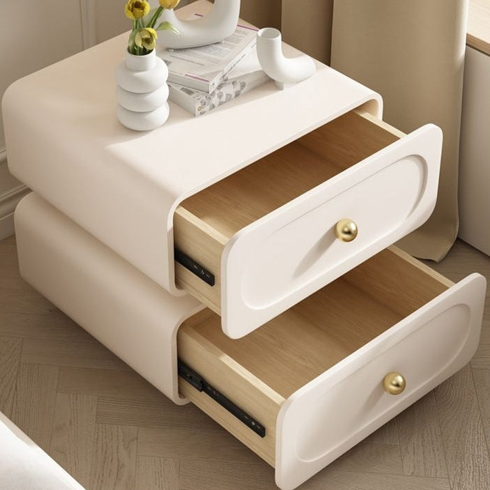 Mesita de noche cuadrada redondeada moderna minimalista de madera maciza y metal con 2 cajones y acentos de bola para dormitorio 