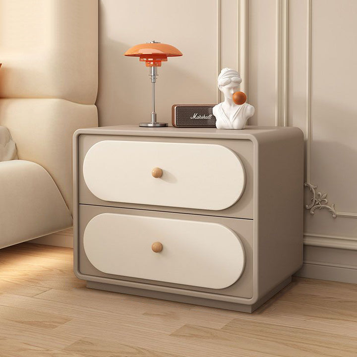 Table de nuit ovale en bois massif et métal moderne minimaliste à 2 tiroirs pour chambre 