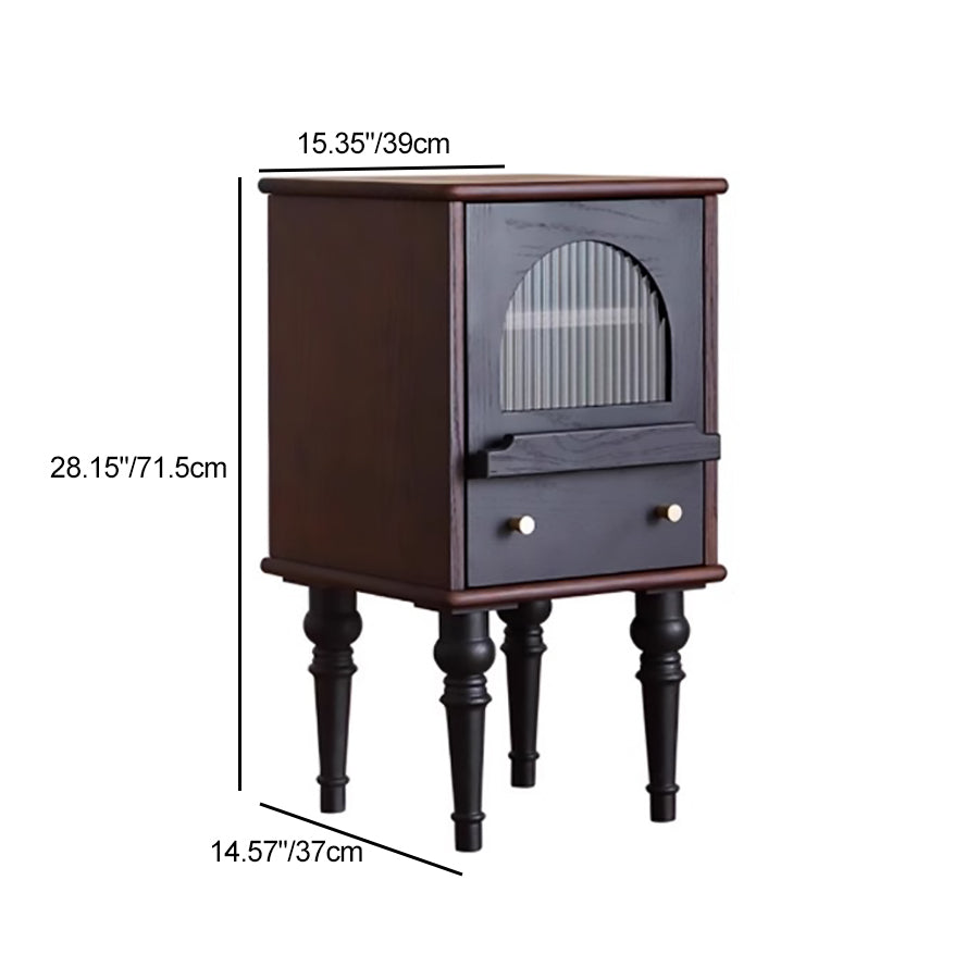 Traditional Vintage Ash Wood &amp; Glass Round Square Textured Nightstand 1-Drawer For Bedroom