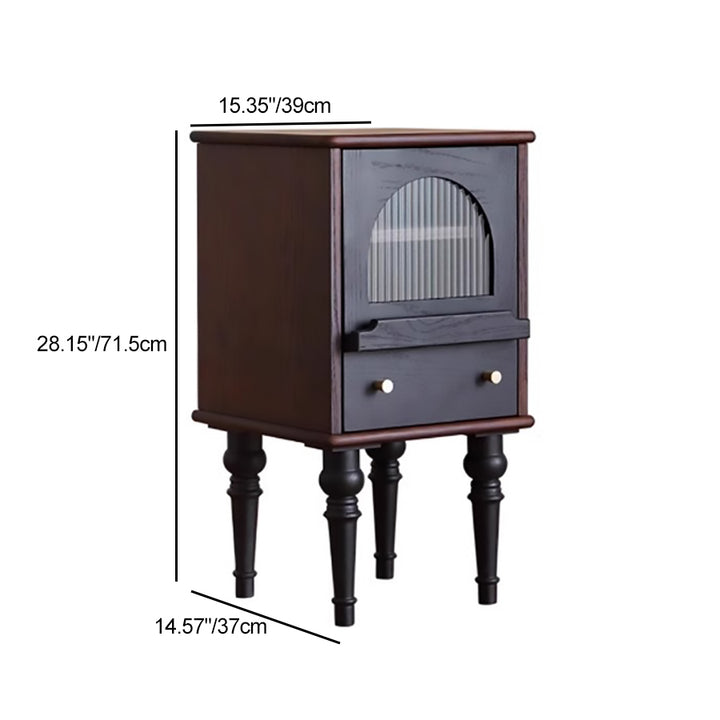 Table de nuit traditionnelle vintage en bois de frêne et verre rond carré texturé 1 tiroir pour chambre 