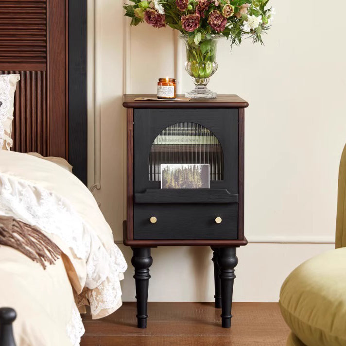 Traditional Vintage Ash Wood &amp; Glass Round Square Textured Nightstand 1-Drawer For Bedroom