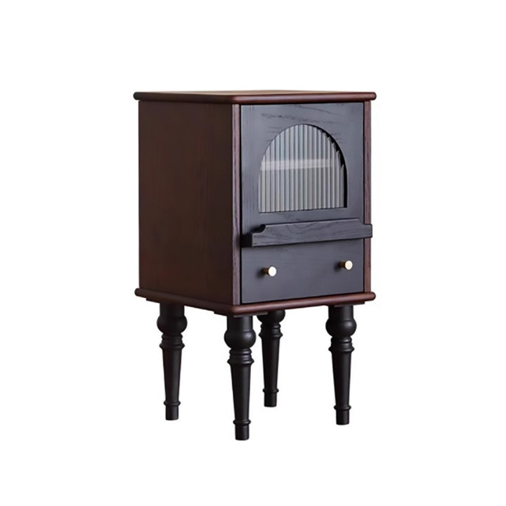 Traditional Vintage Ash Wood &amp; Glass Round Square Textured Nightstand 1-Drawer For Bedroom