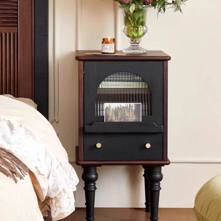 Traditional Vintage Ash Wood &amp; Glass Round Square Textured Nightstand 1-Drawer For Bedroom