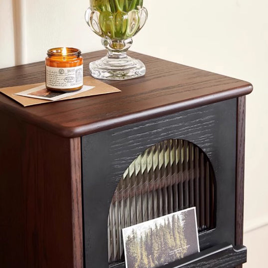 Traditional Vintage Ash Wood &amp; Glass Round Square Textured Nightstand 1-Drawer For Bedroom