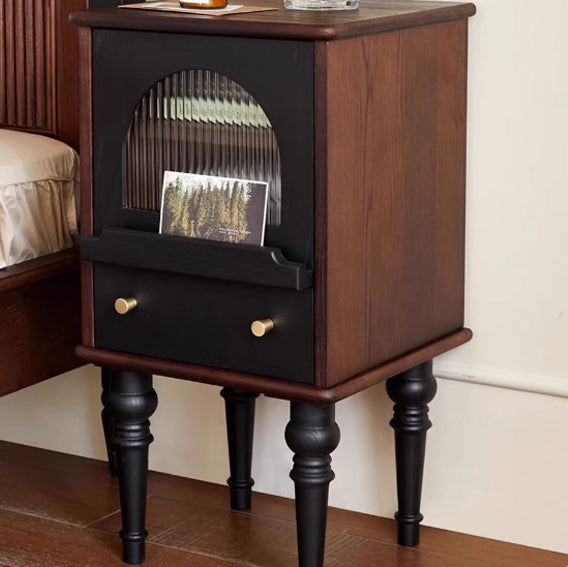 Traditional Vintage Ash Wood &amp; Glass Round Square Textured Nightstand 1-Drawer For Bedroom