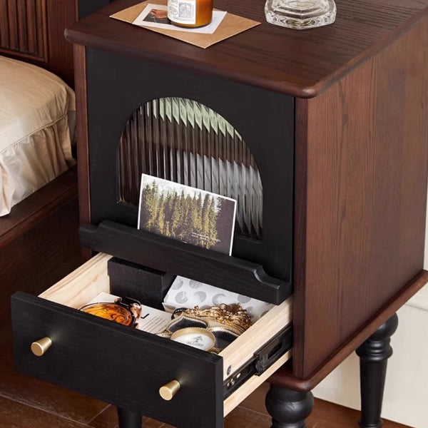 Traditional Vintage Ash Wood &amp; Glass Round Square Textured Nightstand 1-Drawer For Bedroom