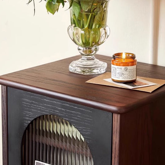 Traditional Vintage Ash Wood &amp; Glass Round Square Textured Nightstand 1-Drawer For Bedroom
