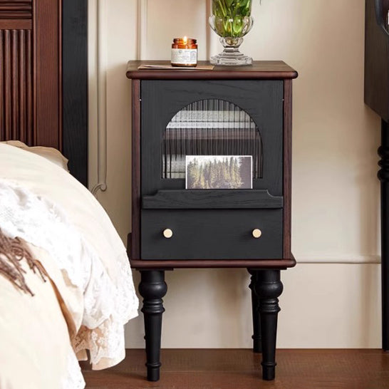 Table de nuit traditionnelle vintage en bois de frêne et verre rond carré texturé 1 tiroir pour chambre 