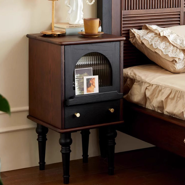 Traditional Vintage Ash Wood &amp; Glass Round Square Textured Nightstand 1-Drawer For Bedroom