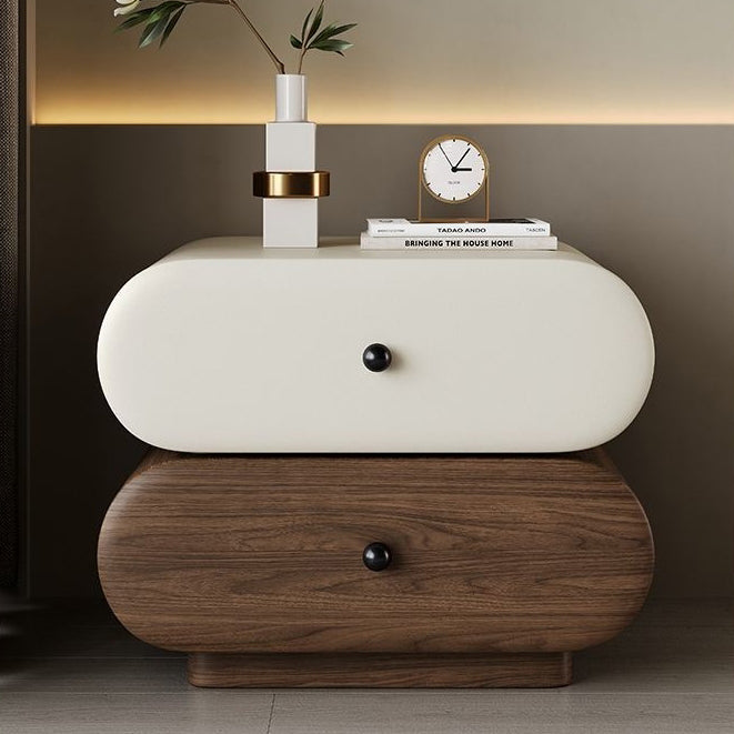 Contemporary Creative Faux Leather Solid Wood Metal Rounded Rectangular Oval Nightstand 2-Drawer For Bedroom