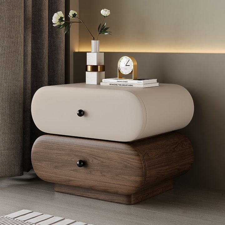 Contemporary Creative Faux Leather Solid Wood Metal Rounded Rectangular Oval Nightstand 2-Drawer For Bedroom