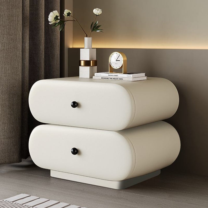 Contemporary Creative Faux Leather Solid Wood Metal Rounded Rectangular Oval Nightstand 2-Drawer For Bedroom