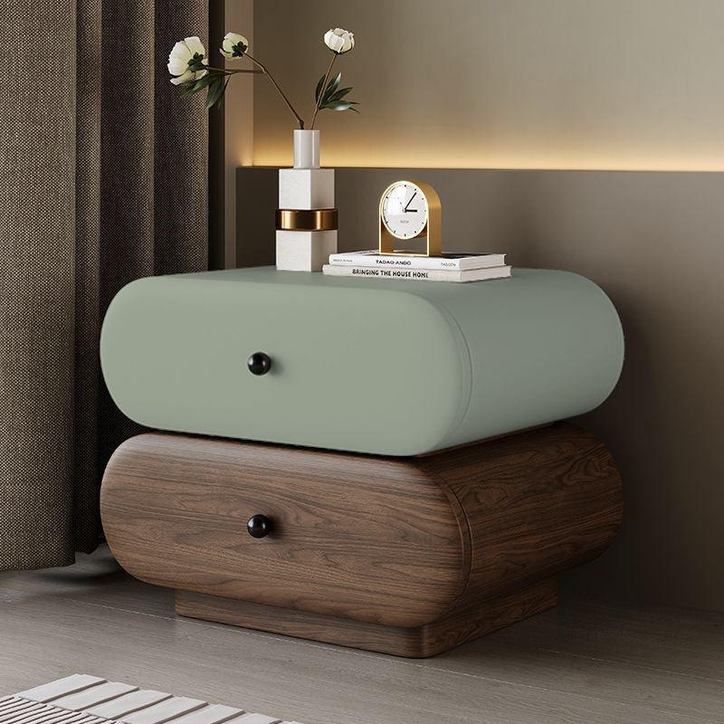 Contemporary Creative Faux Leather Solid Wood Metal Rounded Rectangular Oval Nightstand 2-Drawer For Bedroom