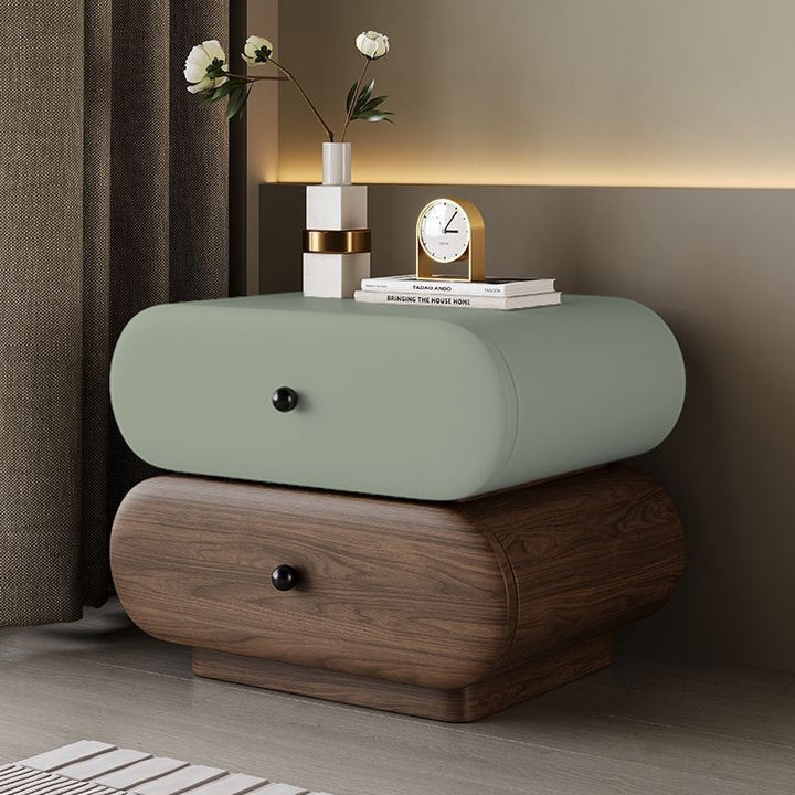 Contemporary Creative Faux Leather Solid Wood Metal Rounded Rectangular Oval Nightstand 2-Drawer For Bedroom