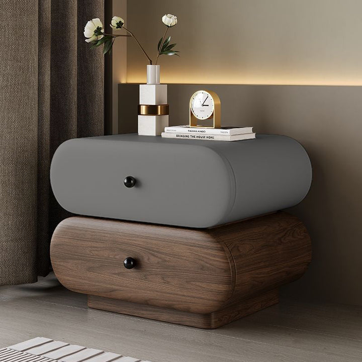 Contemporary Creative Faux Leather Solid Wood Metal Rounded Rectangular Oval Nightstand 2-Drawer For Bedroom