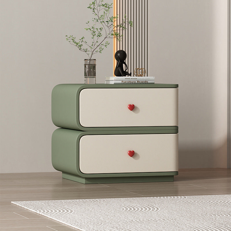 Table de nuit rectangulaire courbée en cuir synthétique créatif contemporain, bois massif et métal, 2 tiroirs pour chambre 