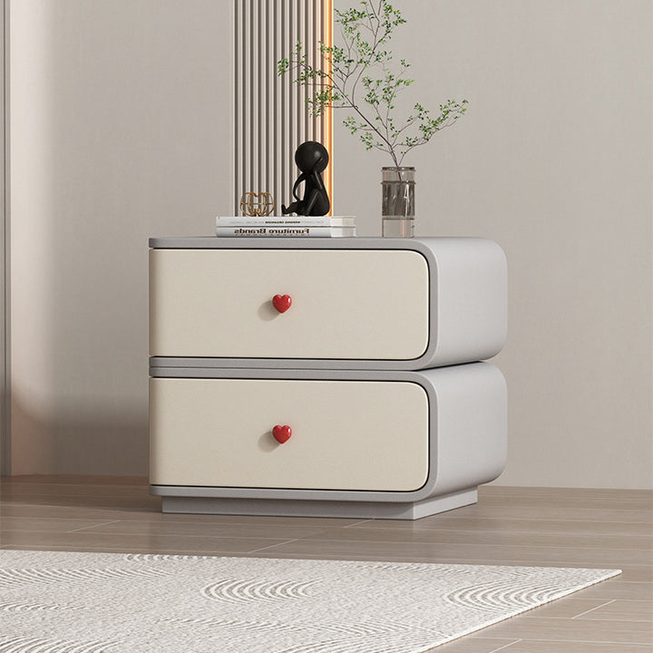 Table de nuit rectangulaire courbée en cuir synthétique créatif contemporain, bois massif et métal, 2 tiroirs pour chambre 
