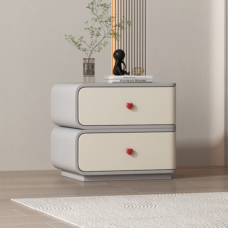 Table de nuit rectangulaire courbée en cuir synthétique créatif contemporain, bois massif et métal, 2 tiroirs pour chambre 