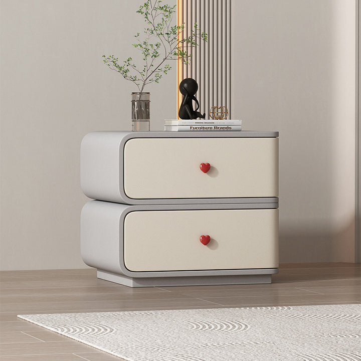 Table de nuit rectangulaire courbée en cuir synthétique créatif contemporain, bois massif et métal, 2 tiroirs pour chambre 