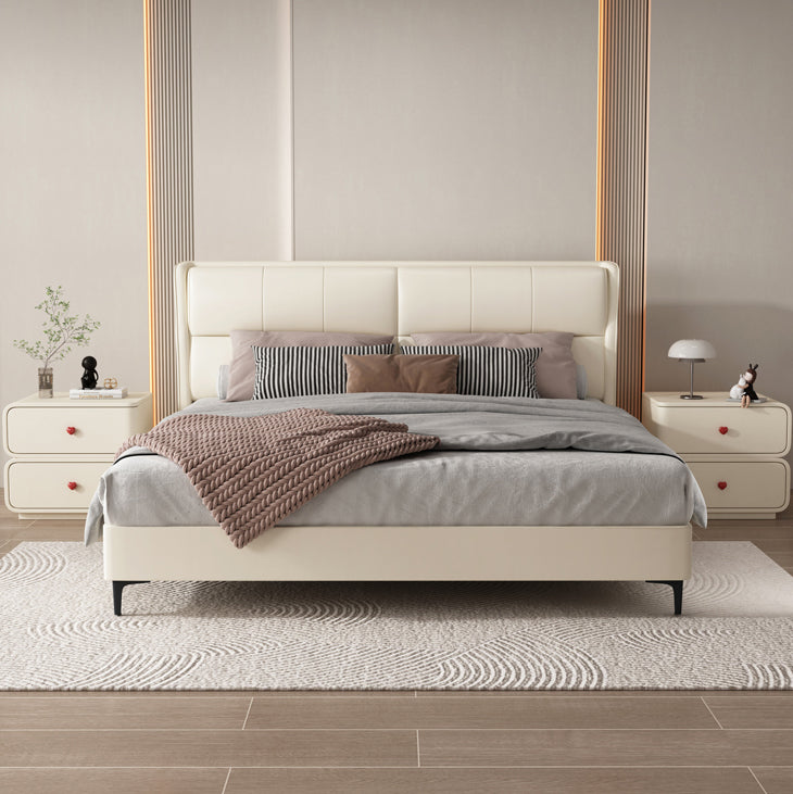 Table de nuit rectangulaire courbée en cuir synthétique créatif contemporain, bois massif et métal, 2 tiroirs pour chambre 