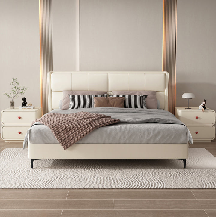 Table de nuit rectangulaire courbée en cuir synthétique créatif contemporain, bois massif et métal, 2 tiroirs pour chambre 