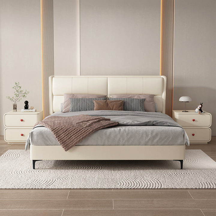 Table de nuit rectangulaire courbée en cuir synthétique créatif contemporain, bois massif et métal, 2 tiroirs pour chambre 